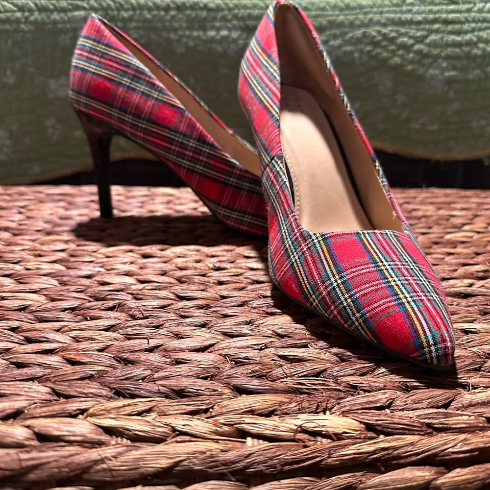 Holiday red plaid fabric covered pumps